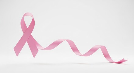 A delicate pink ribbon, a symbol of breast cancer awareness, gracefully curves and flows against a clean white background.