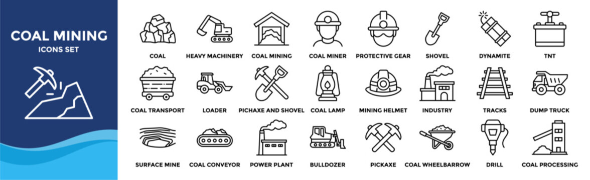 Coal Mining icon set. Containing design Heavy Machinery, Protective Gear, Coal,Coal Mining, Coal Miner