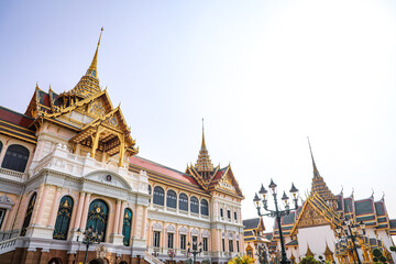 Fototapeta premium The Grand Palace was built same time as Bangkok. royal residences include Dusit Maha Prasat Throne Hall, Aphorn Phimok Prasat Throne Hall, Phiman Rattaya Throne Hall, Chakri Maha Prasat Throne Hall.