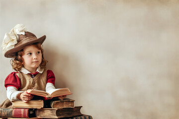 Little child girl in vintage clothing reading old books with copy space background.