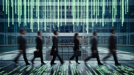 A group of diverse professionals walking through a modern office, with a digital overlay of binary code creating a tech-inspired atmosphere.