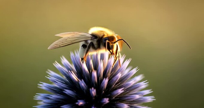 Honeybee on Echinops Flower Capturing Nectar with Wings in Motion Sequence, Nature, Beauty, and