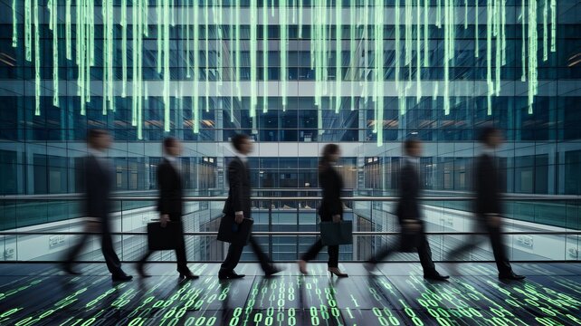 A group of diverse professionals walking through a modern office, with a digital overlay of binary code creating a tech-inspired atmosphere. - Powered by Adobe