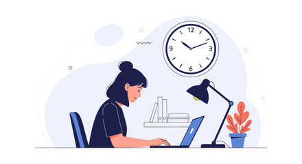 A focused student diligently works on a laptop at her desk while studying and preparing for exams.