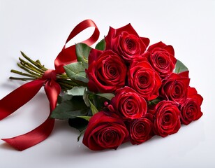 a dozen red roses tied with a red ribbon on a white background