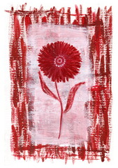 A red flower with large petals on a long stem and two leaves. The background is pink and white with a textured brushstroke effect, framed by a decorative border of rich red brushstrokes. 
