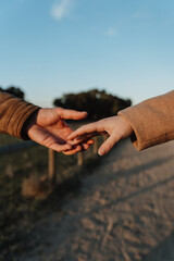Couple reaching hands, expressing love and connection during an autumn sunset walk in nature