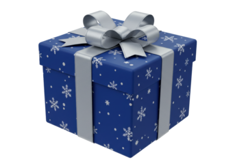 Festive blue gift box with silver ribbon and bow isolated on transparent background PNG for Christmas and New Year
