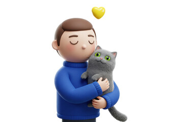 Cartoon man holding a gray cat PNG illustration isolated on transparent background Love and care for pets