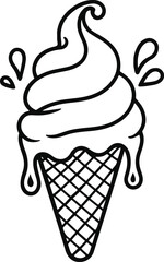 Melting ice cream cone in black and white vector line art, continuous smooth lines, bold clean outline, no shading, flat white background, playful minimal style, perfect for vector illustration 2