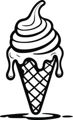 Melting ice cream cone in black and white vector line art, continuous smooth lines, bold clean outline, no shading, flat white background, playful minimal style, perfect for vector illustration 1