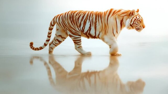 White tiger walking reflection