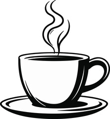 Minimal black and white vector line art of a steaming coffee cup, bold clean outlines, no shading, white background, simple modern style, continuous smooth lines, ready for vectorization, high contras
