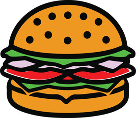 Minimalist burger in black and white vector line art, clean and bold outlines, no shading or color, white background, flat icon style, easy to convert to SVG, perfect for logo or packaging design