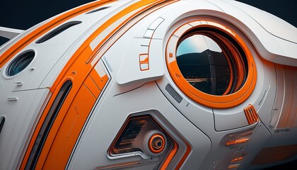 a close up of a futuristic white and orange spaceship hull with a window and detailed paneling