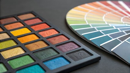 A vibrant color palette with many shades sits next to a detailed color swatch book on a dark surface, showing choices for design.