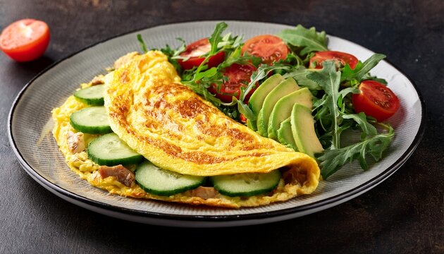 close up overhead view of a cheese omelette with avocado tomato cucumber and rocket salad