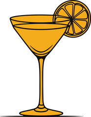 Cocktail glass with lemon slice in black and white vector line art, minimal clean style, no color, bold black outline, flat background, symmetrical, simple smooth lines, suitable for vector icon