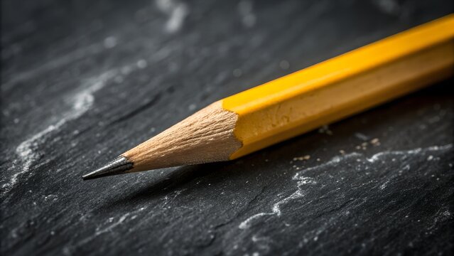 A sharp yellow wooden pencil rests on a dark textured surface with some fine dust from sharpening visible around its pointed tip. - Powered by Adobe