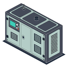 Fototapeta premium Silent generator unit with engine motor and cupboard enclosure, isometric isolated illustration for industry and construction equipment.