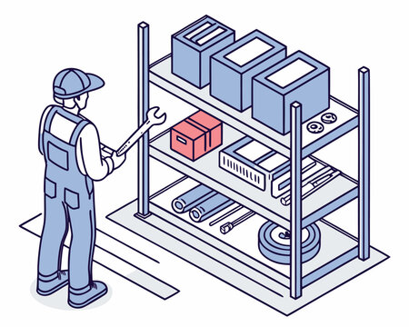 Industrial tool crib management concept showing technician choosing and managing tools in a storeroom, isometric isolated vector.