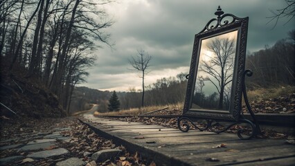 An ornate old mirror rests by railroad tracks in a desolate forest, showing bare trees in its reflection under a gloomy sky.