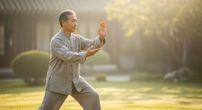 Focused senior Asian man in traditional attire practicing the gentle martial art of Tai Chi for wellness in a serene, sunlit Chinese garden - Powered by Adobe