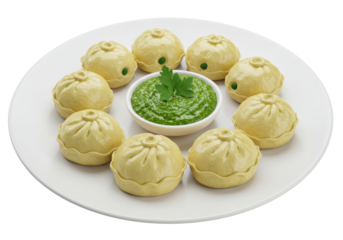 Delicious momos PNG illustration isolated on transparent background with green chutney for restaurant menu design