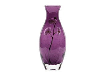 Elegant purple glass vase with orchid flowers isolated on transparent background PNG for design projects Decorative object