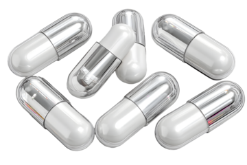 White gel medical capsules, group of vitamin supplement pills or drugs for treatment, isolated on transparent background, medicine and healthcare concept, top view