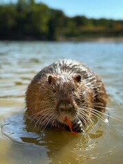 Nutria with dark fur eating a carrot in the water. Close-up of a semi-aquatic rodent, also known as a coypu or river rat, in a natural environment.