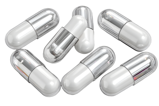 White gel medical capsules, group of vitamin supplement pills or drugs for treatment, isolated on transparent background, medicine and healthcare concept, top view