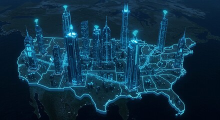 Dynamic glowing cityscape representing connected urban centers across the United States, symbolizing modern technology and network infrastructure