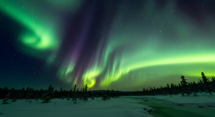 Aurora Borealis over a snowy landscape