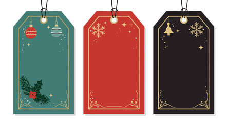 Festive Christmas gift tags in green, red, and black designs, holiday label set for greeting cards, winter celebration, seasonal decoration, printable template concept