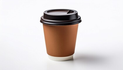 brown take out coffee cup with black lid on a white isolated background white background