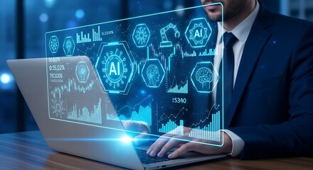 AI at Work: A sharply dressed professional utilizes an advanced AI interface, manipulating data, in a state-of-the-art technological setting.