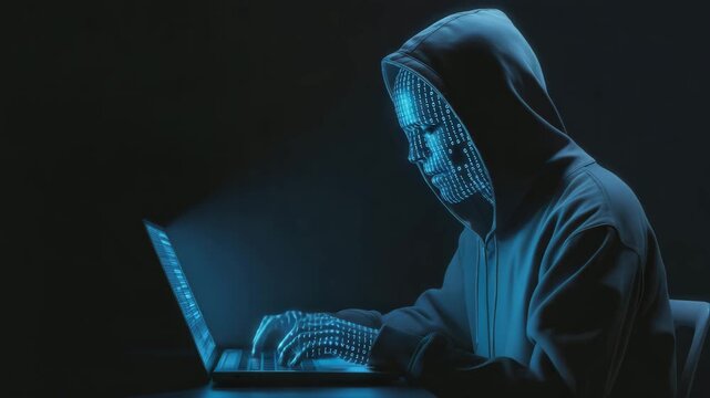 Intense hacker coding with binary code projected, cybersecurity threat in dark environment, digital risk, futuristic technology for cybercrime projects - Powered by Adobe