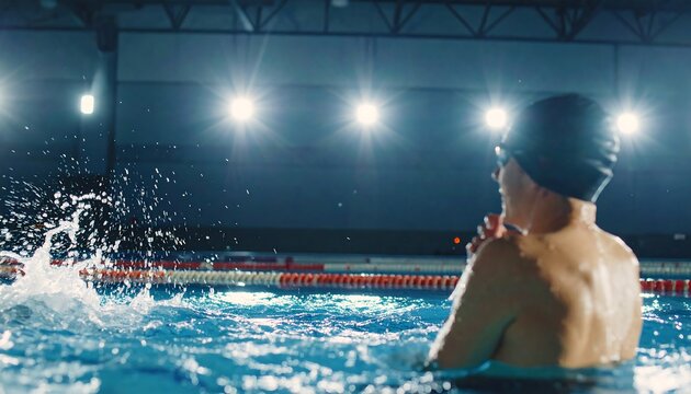 Swimmer in Pool with Water Splash Under Bright Lights