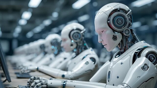 Synchronized white humanoid robots performing parallel data processing tasks within advanced technological workspace, systematically operating computer workstations with precision and uniformity
