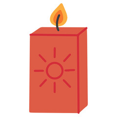 Burning red square candle with sun ornament. Cozy decorative element for festive interior design.