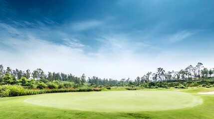 fairway. Vast green golf course under bright sunlight, capturing the tranquility of open landscapes. travel magazines, destination branding, designed for outdoor magazines and nature guides.