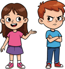 PrintCartoon boy angry, girl explaining, sibling conflict, family communication issue, kids fight, emotional expression, relationship problem, childhood argument, cartoon character illustration