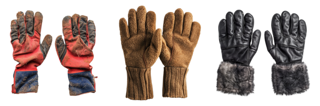 A comparative display of pairs of diverse gloves for different purposes