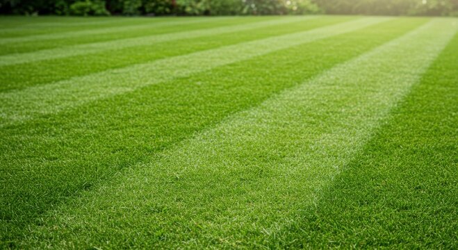 Grass cutting lines on freshly mowed green lawn in daylight  