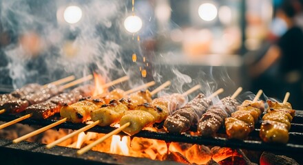 Grilled skewers of meat and vegetables sizzling over an open flame at a vibrant night market