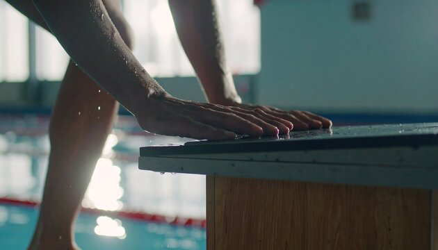 Swimmer Readying to Dive Into Pool with Hands on Starting Block - Powered by Adobe