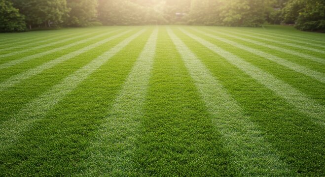 Grass cutting lines on freshly mowed lawn in vibrant green environment  