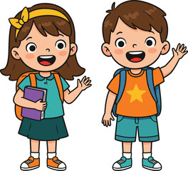 PrintCartoon school children, happy boy and girl, wearing backpacks, holding books, smiling faces, education illustration, learning concept, back to school