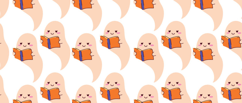 Seamless pattern of a cute ghost engrossed in reading an orange book. This charming design is perfect for Halloween-themed textiles, wrapping paper, or festive digital backgrounds for the holiday seas - Powered by Adobe